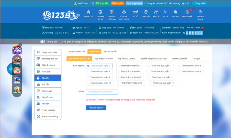 Những bước nạp tiền 123b siêu đơn giản